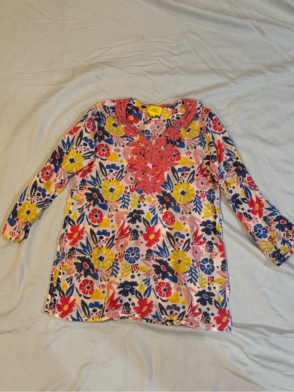 Roller Rabbit Girls Pink Floral Long Sleeve Tunic with Coral Embroidery